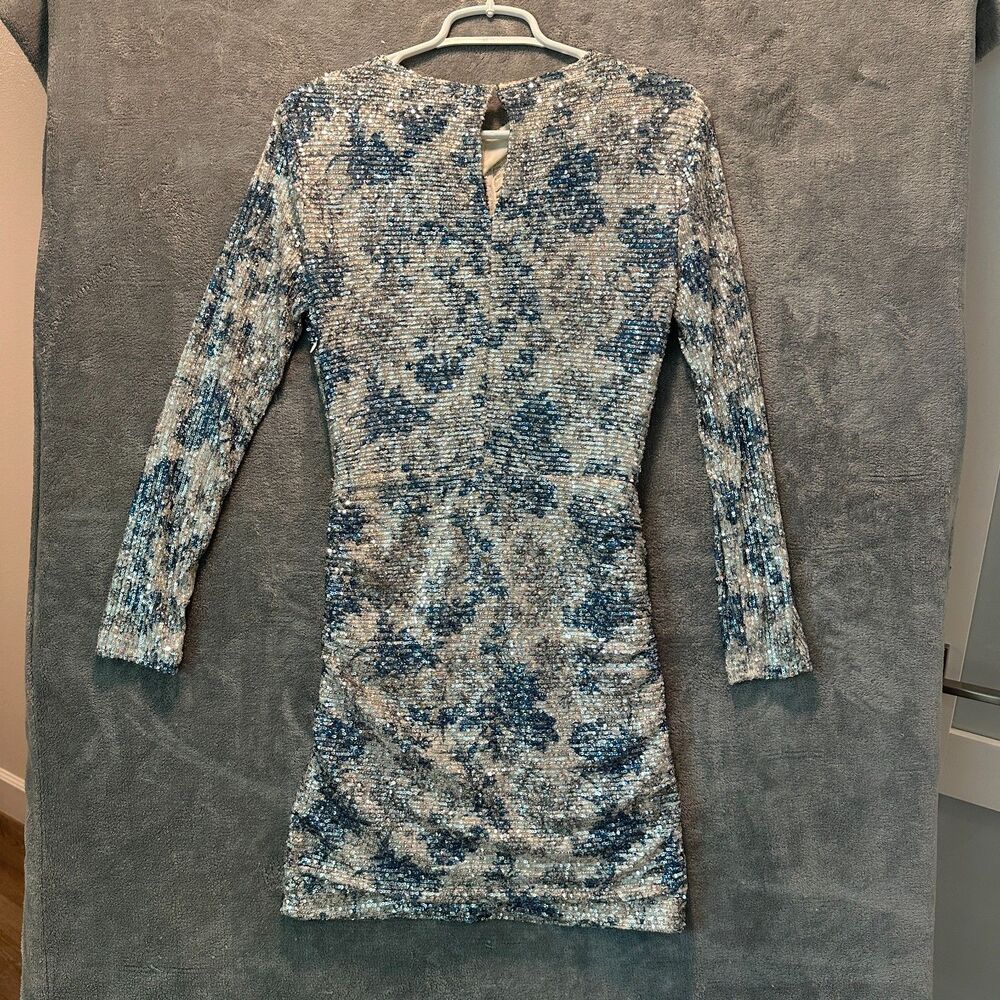 NWT NEW Maje Raquine Silver Blue Sequin Ruched Mini Dress Size 34 US 0 Flawed